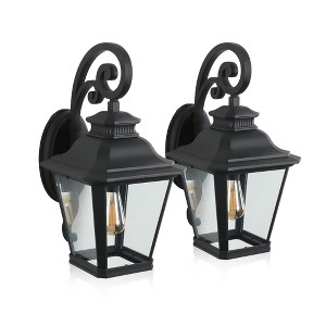 Gulches Outdoor Wall Lights - Vintage Black Lanterns with Decorative Scroll Design & Clear Glass, 14"-21" for Porch and Garden, 2-Pack - 1 of 4