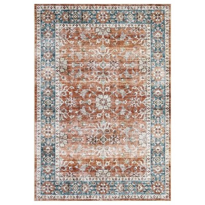 Washable Vintage Rug Non Slip Low Pile Rug Soft Throw Floor Cover Floral Foldable Indoor Carpet for Living Room Bedroom Playroom Nursery