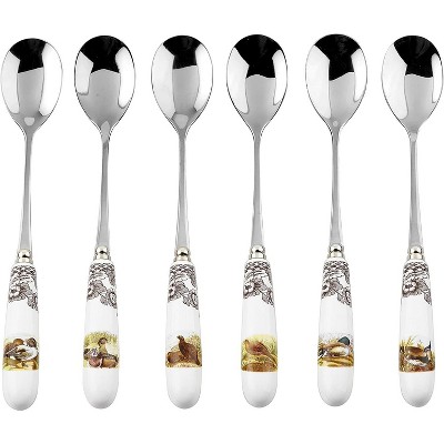 Spode Woodland Collection 6" Teaspoon Set Decorative Bird Motifs 6 Assorted Porcelain Handle & Steel Spoon Heads Holiday Flatware