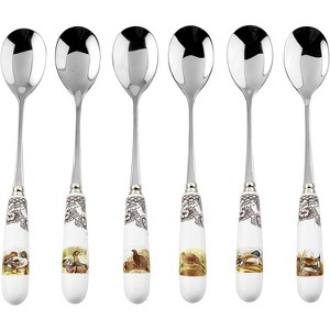 Spode Woodland Collection 6" Teaspoon Set Decorative Bird Motifs 6 Assorted Porcelain Handle & Steel Spoon Heads Holiday Flatware - 1 of 2