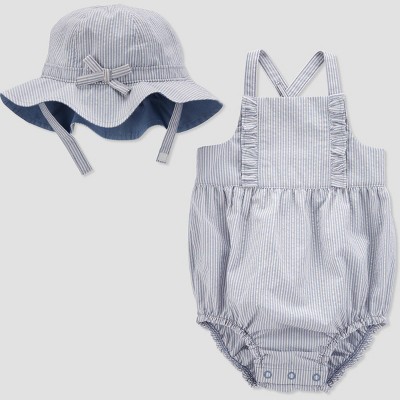 Image of Carter's Just One You® Baby Girls' Seersucker Romper with Bubble Hat - Blue/White 3M