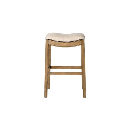 HomeRoots 31" Beige and Brown Fabric and Solid Wood Backless Bar Height Bar Chair