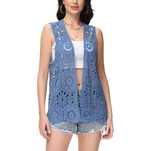 Anna-Kaci Women's Floral Crochet Cardigan Lace Trim Sleeveless Open Front Vest - Small, Blue - 1 of 4