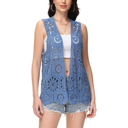 Anna-Kaci Women's Floral Crochet Cardigan Lace Trim Sleeveless Open Front Vest - Large, Blue - image 1 of 4