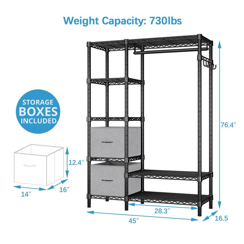 VIPEK V7 Wire Garment Rack Heavy Duty Clothes Rack with 2 Fabric Drawers, Max Load 730LBS, 3 of 11