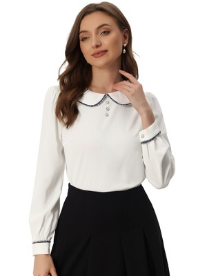 INSPIRE CHIC Women's Button Decor Contrast Trim Peter Pan Collar Office Work Top