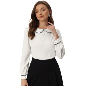 INSPIRE CHIC Women's Button Decor Contrast Trim Peter Pan Collar Office Work Top - 1 of 4