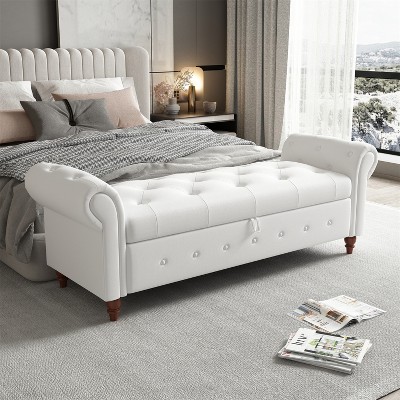 Cecily 63" Button-Tufted Large Storage Ottoman Upholstered Fabric Bench features rolled arms, window seating, and solid wood legs-Maison Boucle
