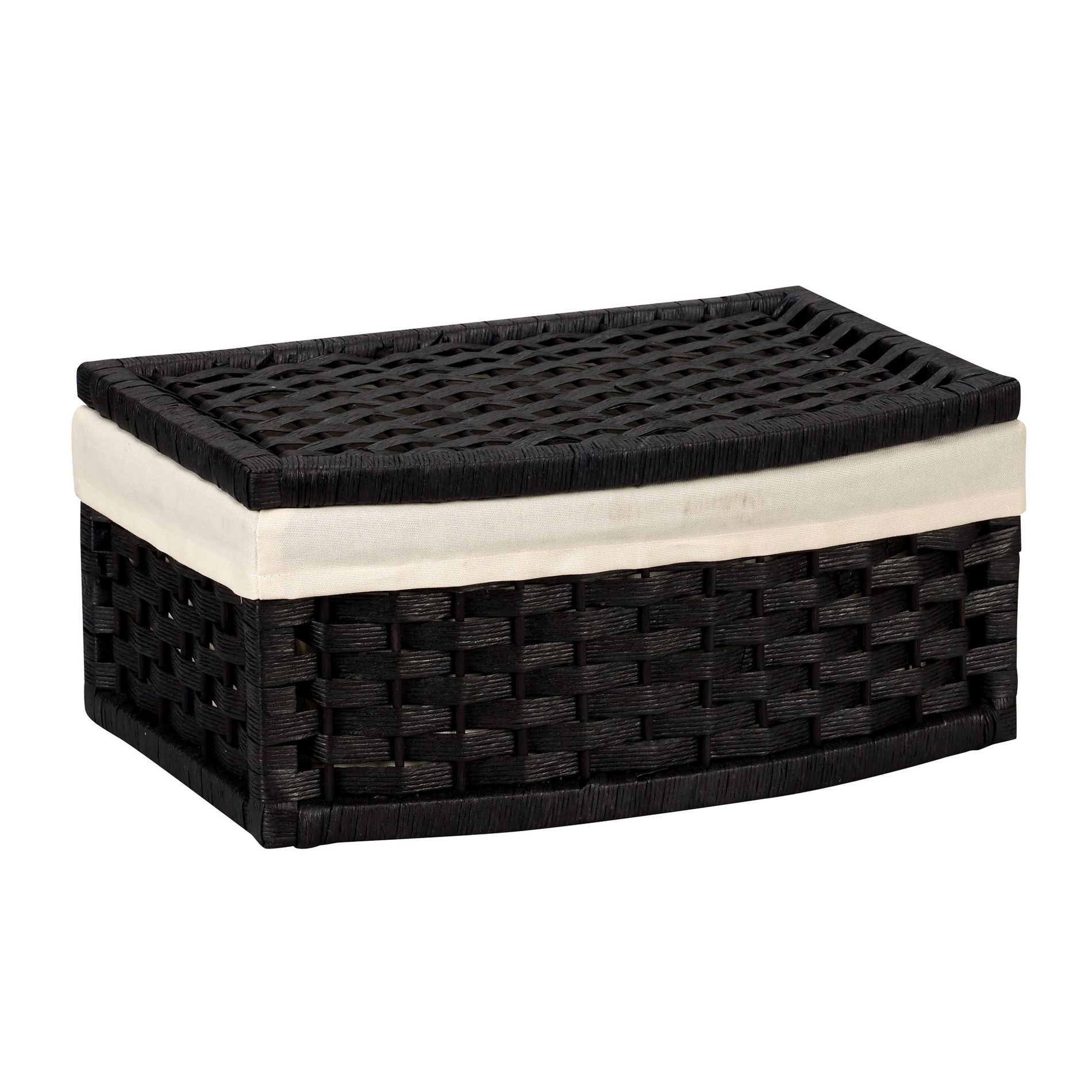 Woven Basket with Lid, Paper Rope Basket with Curved Front, Washable Poly-Cotton Liner, Black