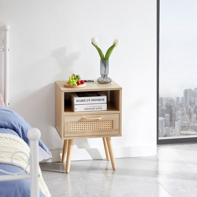 The 15.75" Rattan End table with Power Outlet & USB Ports , Modern nightstand