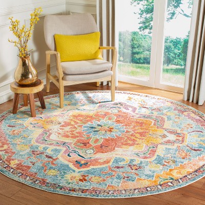 Hand-Knotted Orange & Teal Floral Synthetic 7' Round Area Rug