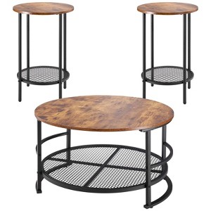 VEVOR 3 Pieces Round Coffee Table Sets, 31.5 in Industrial Living Room Table with 2 End Side Tables, Coffee and End Tables Sets with Metal Legs,Brown - 1 of 4