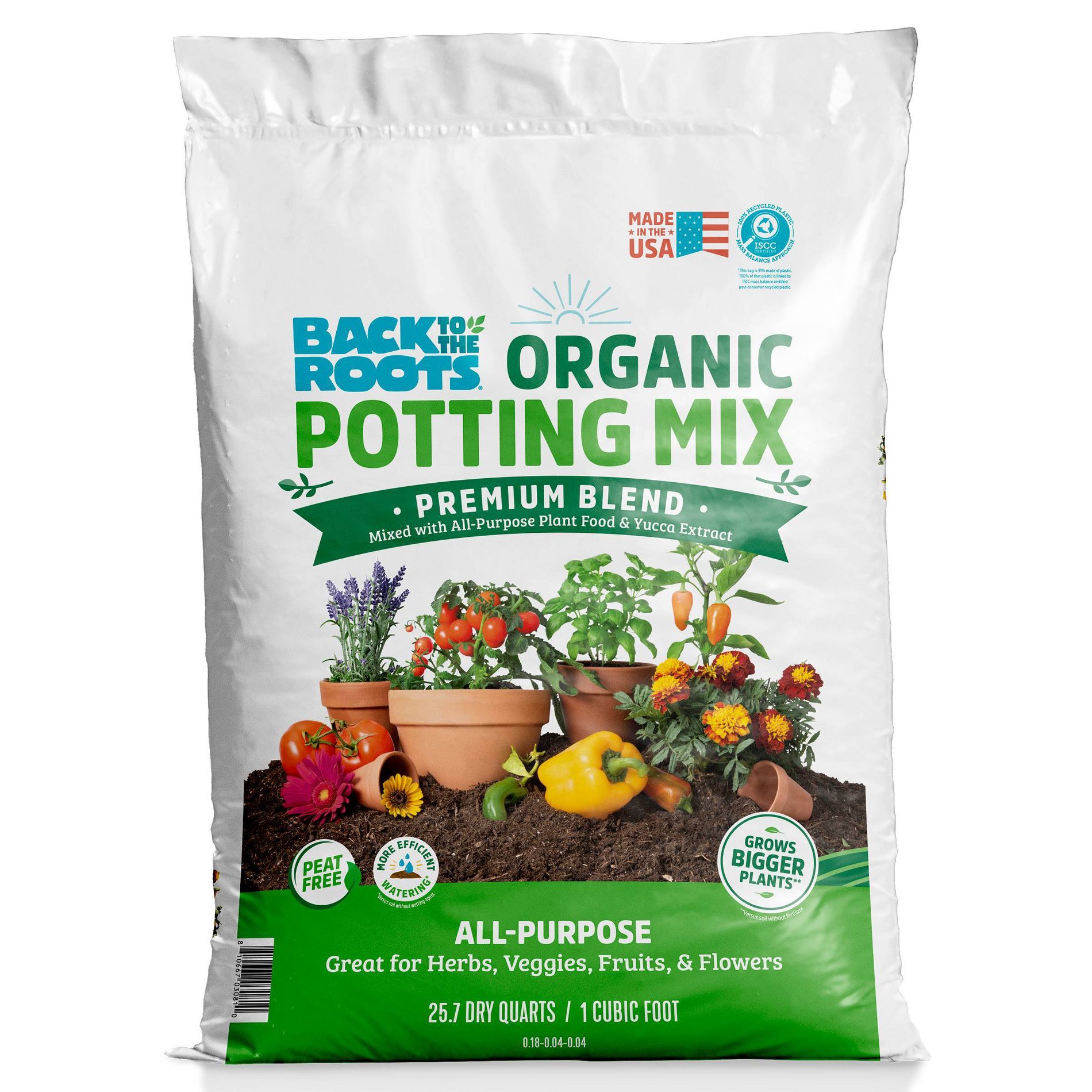 Back to the Roots 25.7qt Organic Potting Mix Premium Blend All Purpose: Soil for Flowers & House Plants, Peat-Free
