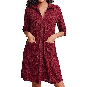 Ekouaer Zipper Robes for Women Waffle Knit Bathrobes Short Lightweight Knee Length Loungewear with Pockets - 1 of 4