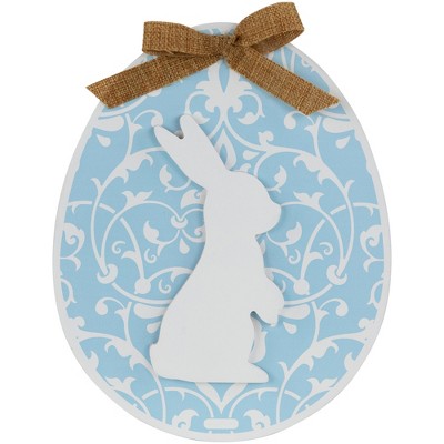 Northlight Easter Egg with Bunny and Burlap Bow Wooden Wall Decoration - 9.5" - Blue