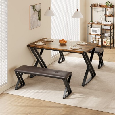 Dining Table Set for 4, Kitchen Table Set with 2 Upholstered Benches, 3 Piece Dining Table Set for Small Space