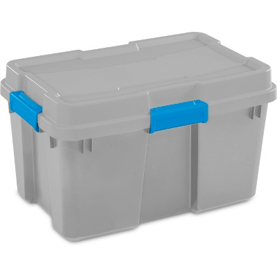 Sterilite 30gal Gasket Tote Gray with Blue Latches: Plastic Storage Bin, Lidded & Stackable, Universal Storage Container