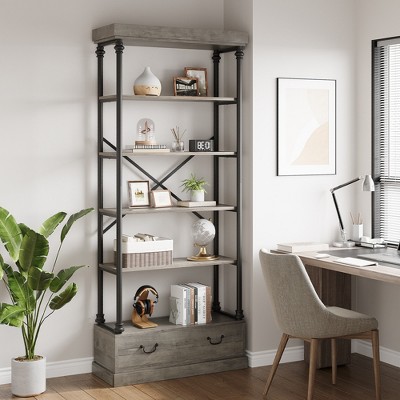 5 Tier Vintage Bookshelf with Drawer, 81.3" Tall Bookcase Metal Frame Shelf Display Shelf Storage for Home Office, Living Room, Bedroom