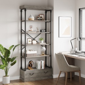 5 Tier Vintage Bookshelf with Drawer, 81.3" Tall Bookcase Metal Frame Shelf Display Shelf Storage for Home Office, Living Room, Bedroom - 1 of 4