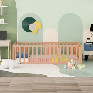 YOOCOZZ Kids' Wooden Floor Bed Frame with Fence and Door, Twin Size - Natural - 1 of 4