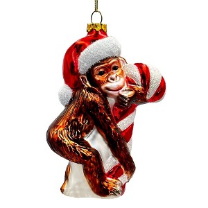 Cute Monkey with Candy Cane Glass Christmas Ornament, Adorable Chimp Holiday Tree Decor| OrnamentallyYou - 1 of 4