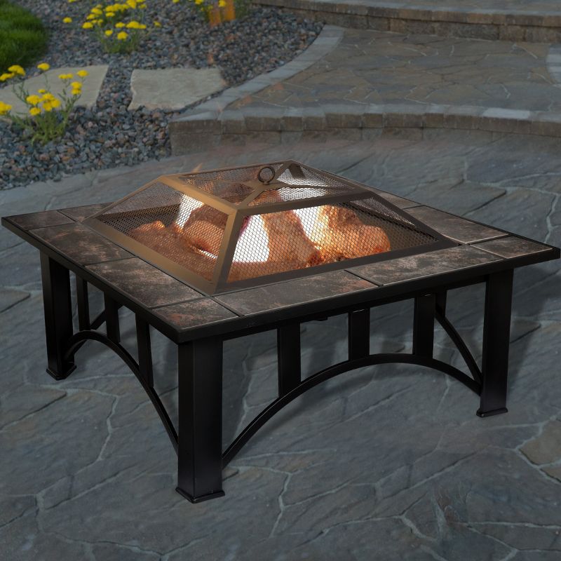 Nature Spring 33" Square Fire Pit With Tile Surround – Black and Orange, 4 of 6