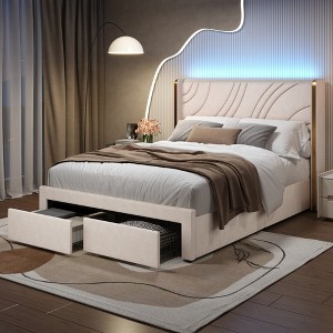 Merax Modern Velvet Upholstered LED Bed Frame with Wingback Headboard & Storage Drawers - 1 of 4