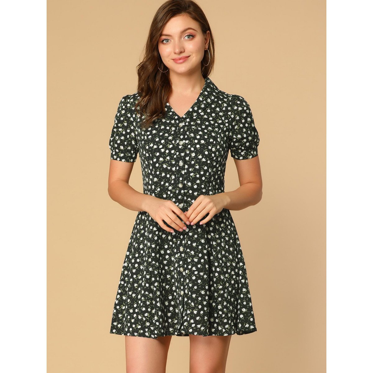 Женские платья INSPIRE CHIC Women's V Neck Short Sleeve Button Front Summer Floral Shirt Dresses Black Large — фото 2