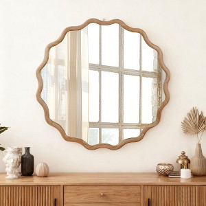 Wooakway 30" Wavy Round Mirror Natural Wood/White/Yellow Brown Frame Modern Decorative Wall Mirror for Living Room Bedroom Bathroom Entryway - 1 of 4