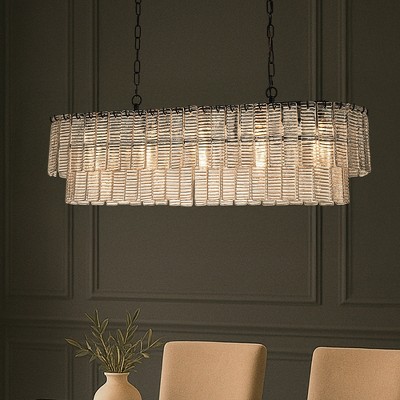 ALOADECOR 5-Light 39'' Matte Black Rectangle Elegant Ribbed Glass Chandelier Vintage Art Glass Pendant Light For Dining Room Ktichen Island