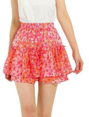 Allegra K Women's Summer High Waist A-Line Lace Mini Tiered Skirt Pink Large