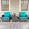 Tangkula 3 Pieces Patio Bistro Set Outdoor PE Rattan Conversation Chair Set with Tempered Glass Side Table and Removable Cushions Turquoise - 2 of 4
