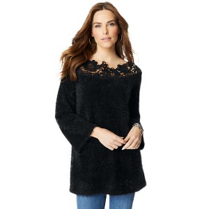 Roaman's Women's Plus Size Lace Neck Eyelash Sweater - 1 of 4