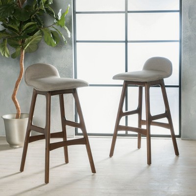 Set of 2 28.5" Mid-Century Modern Upholstered Low Back Barstools, Light Gray, Natural Walnut Finish-Christopher Knight Home