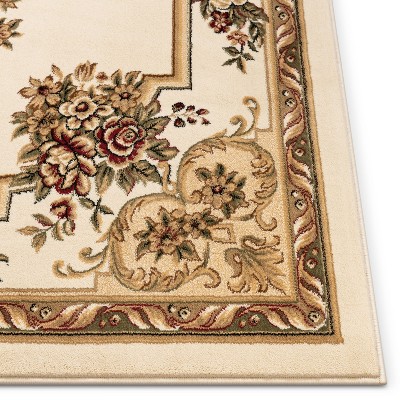 Ivory and Beige Synthetic Floral Medallion Runner Rug