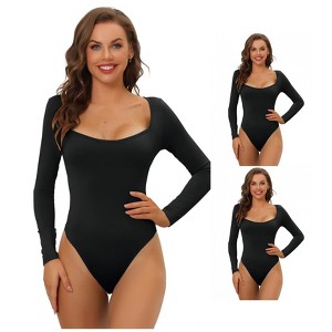 INSPIRE CHIC Women's Long Sleeve Slim Fit Stretchy Square Neck Leotard Jumpsuits 3 Packs - 1 of 4