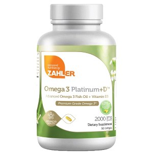 Zahler Omega 3 Platinum + Vitamin D3, All Natural Burpless Softgel with No Fishy Aftertaste, Certified Kosher - 1 of 3