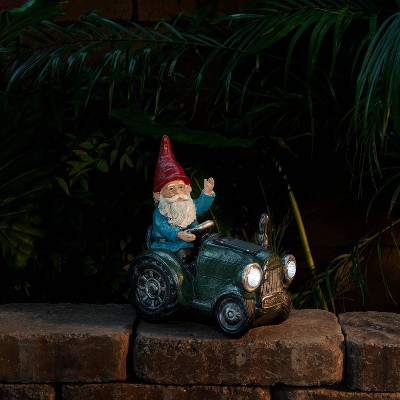 10" Green Polyresin Solar Gnome on Tractor with LED Lights
