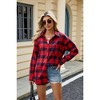 Coolmee Women's Plaid Shirts Contrast Color Soft Crochet Knit Shirts Long Sleeve Lapel Collar Button Down Blouses Tops with Pocket S Red - 3 of 4
