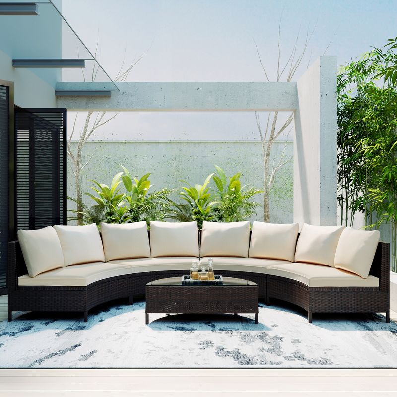5 PCS Outdoor Rattan Conversation Set, Half-Moon Patio Wicker Sofa Set with Tempered Glass Table-ModernLuxe, 2 of 15