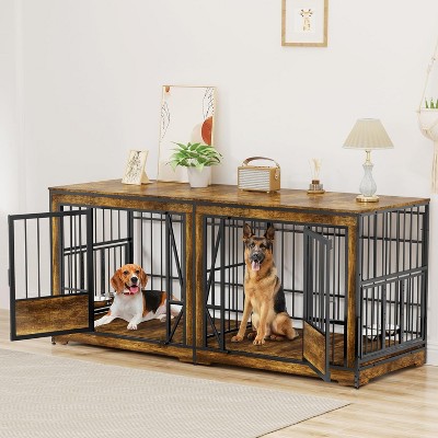 MaseiKar MaseiKar 71 Inch Double Dog Crates Furniture for Large Dogs, Heavy Duty Dog Kennel Indoor with Adjustable Divider and 4 Bowls, TV Stand Table