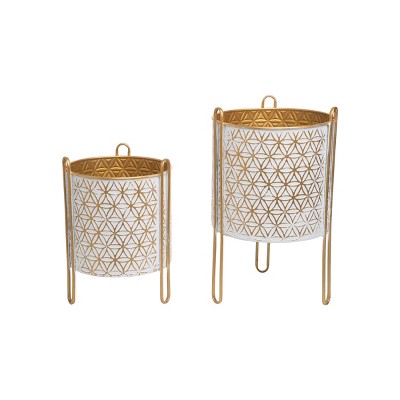 Set of 2 Modern Whitewashed Brass Metal Floor Planters - Foreside Home & Garden