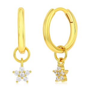 Bella Silver Sterling Silver Flower CZ Charm Huggie Hoop Earrings - Gold Plated - Gold - 1 of 2