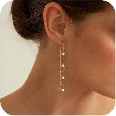 14K Gold Plated Chain Threader Earrings - Dainty Hypoallergenic Dangle Set for Wedding & Party