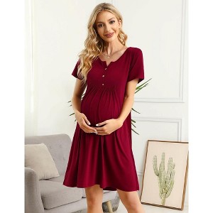 Womens Maternity Nursing Dress Short Sleeve Midi Dress Casual Solid Color Button Down Breastfeeding Dress - 1 of 4