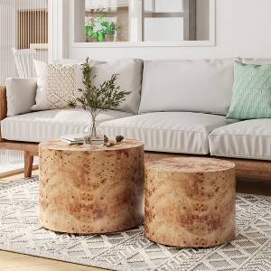 Gulches Nesting Coffee Table Set of 2 - Modern Round Wooden Accent Tables with Natural Burl Veneer, No Assembly, Anti-Slip Pads - 1 of 4