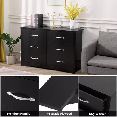 Black 6-Drawer Double Dresser with Metal Handles