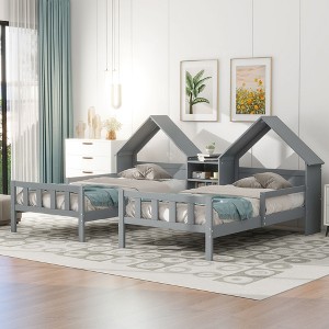 Double Twin Size Platform Bed,  Wooden Bed Frame with House-Shaped Headboard and a Built-in Nightstand -ModernLuxe - 1 of 4