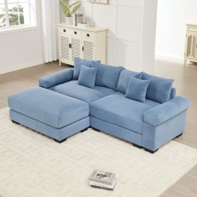 92" Modular Corduroy Sectional Sofa with Ottoman and 6 Throw Pillows, L-Shaped Oversized Cloud Couch for Living Room or Bedroom–The Pop Home