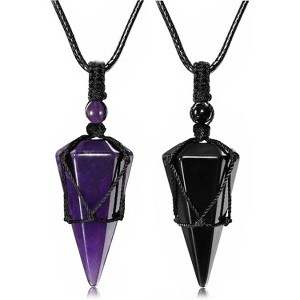 6-Facet Healing Crystal Necklace, Adjustable Natural Gemstone Pendant for Men & Women Black Rope - Amethyst+Black Obsidian - 1 of 4